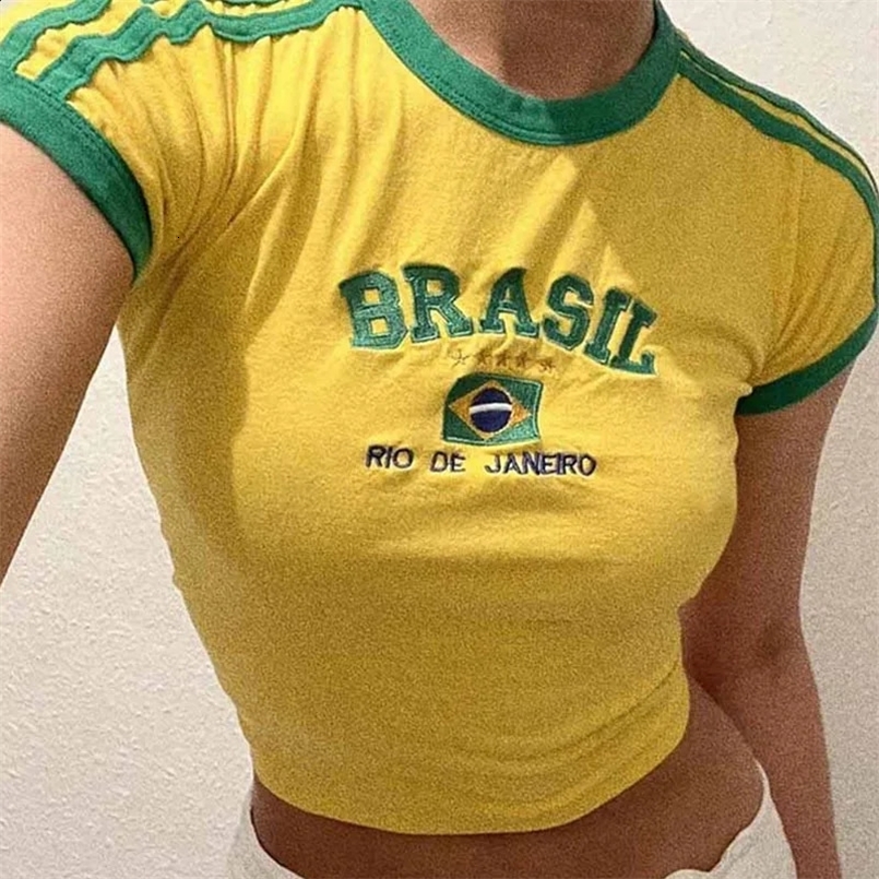Womens Aesthetic BRASIL Letter Print T-Shirt and Shorts Suit Vintage Grunge Short Sleeve Baby Tees Summer Crop Top Y2k Clothe 240816