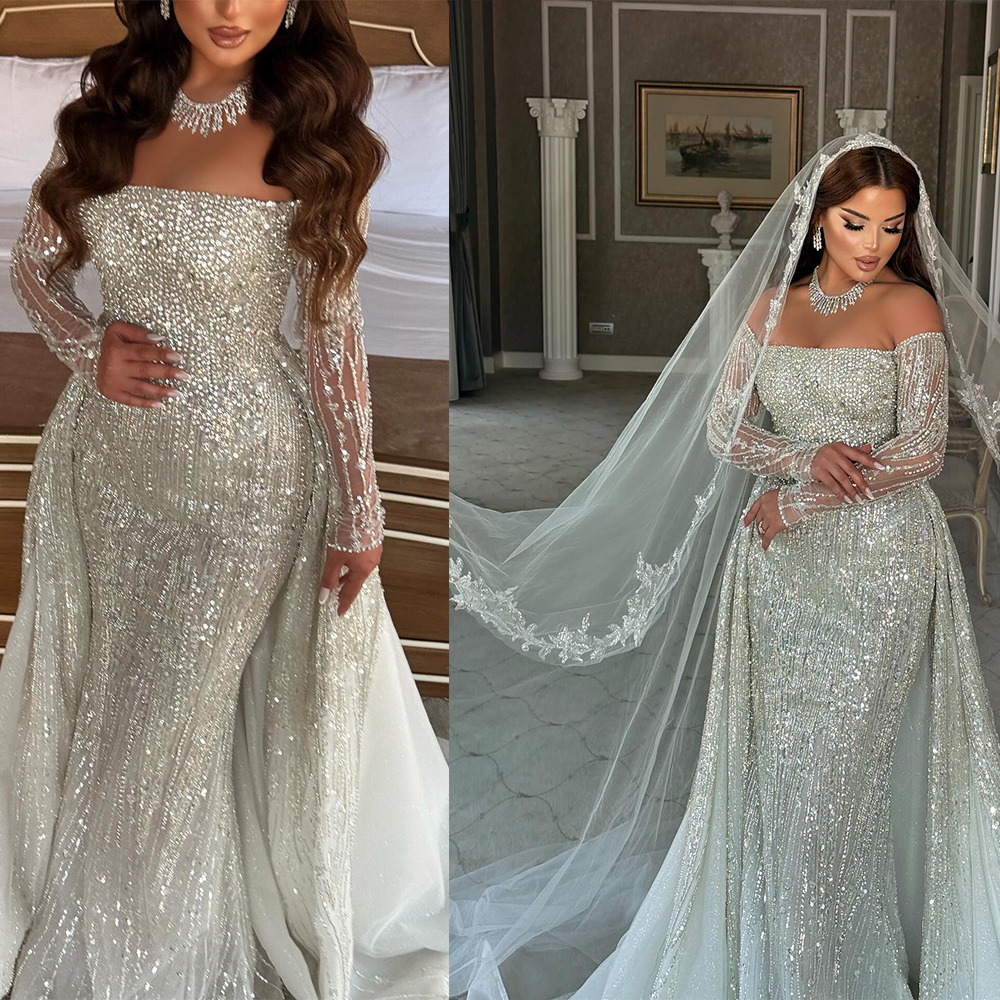 Sparkly Mermaid Wedding Dress Off Shoulder Long Sleeves Bridal Gowns Sequins Crystal Detachable Train Dresses Custom Made vestidos de novia