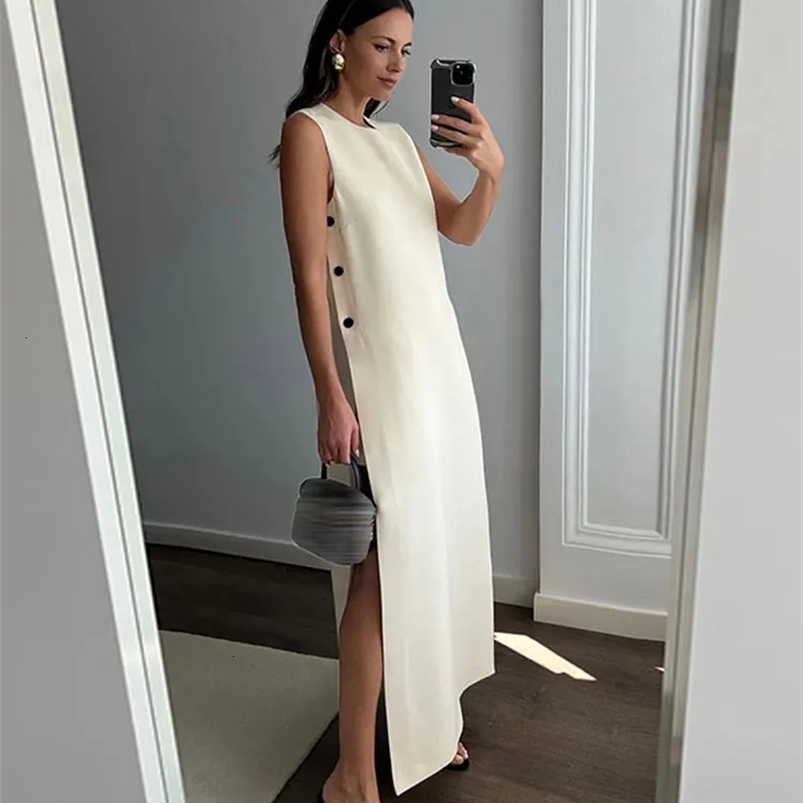Elegant Sleeveless Button Split Midi Dress Women Summer Casual Round Neck Loose Vestidos Female Fashion High Street Beach Robes 240422