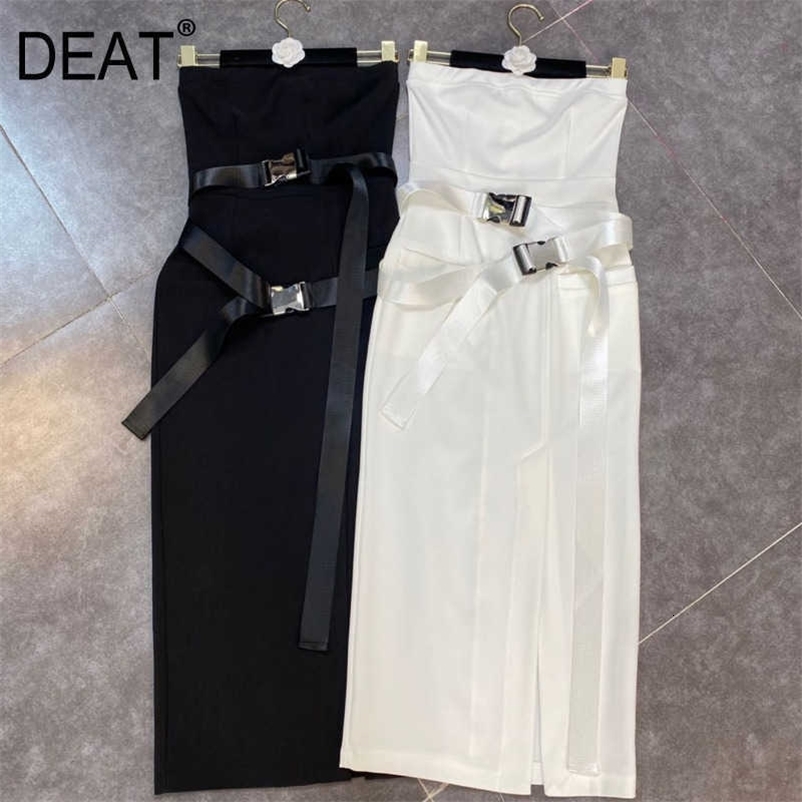 DEAT Women Slim Dress Fashion Spring Summer Ladies Solid Color Sexy Strapless Sleeveless Dress HR427 210709