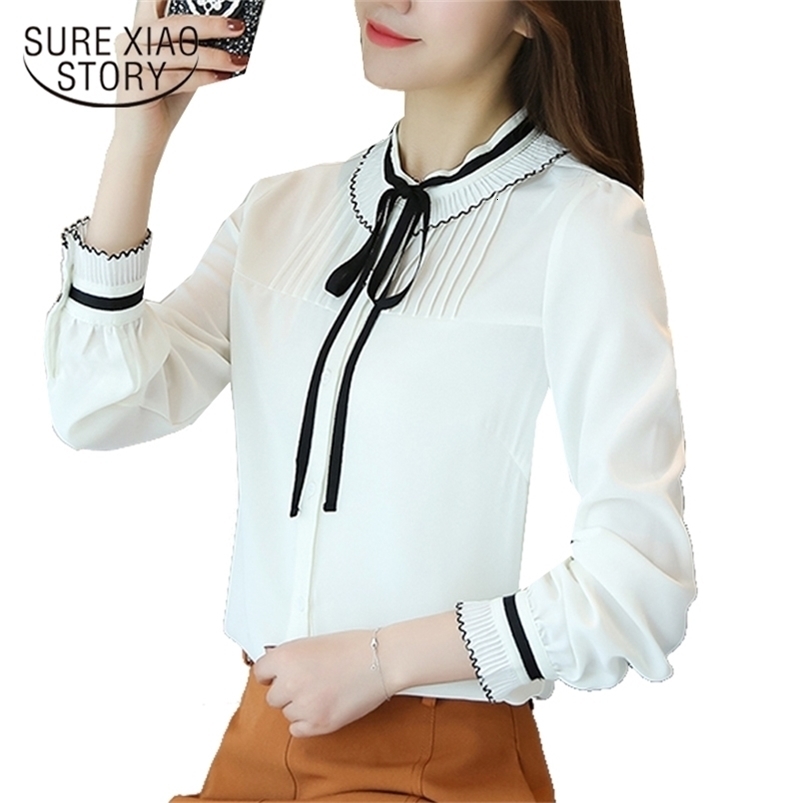 spring women tops chiffon long sleeved blouses office lady bow shirts solid sweet plus size clothing d387 30 210506