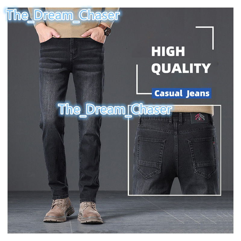 Autumn New Mens Casual Regular Fit Jeans Lightweight Business Gray Black Denim Pants With Elastic Straight Legs