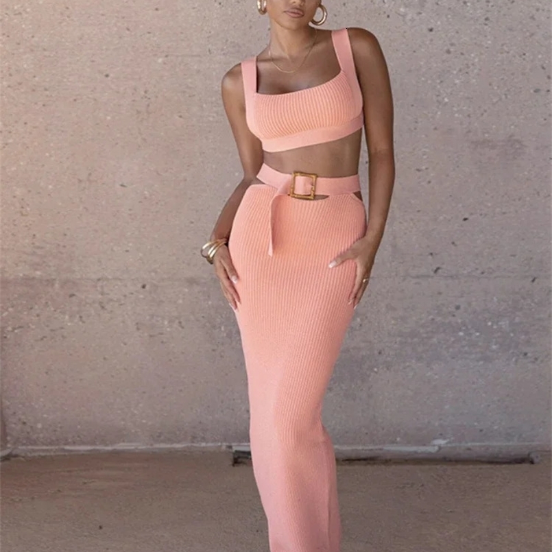 CM.YAYA Knit Ribbed Women Cutout Waist Midi Maxi Long Skirt Suit and Tank Top Street Matching Two 2 Piece Dress Sets Outfit 240829