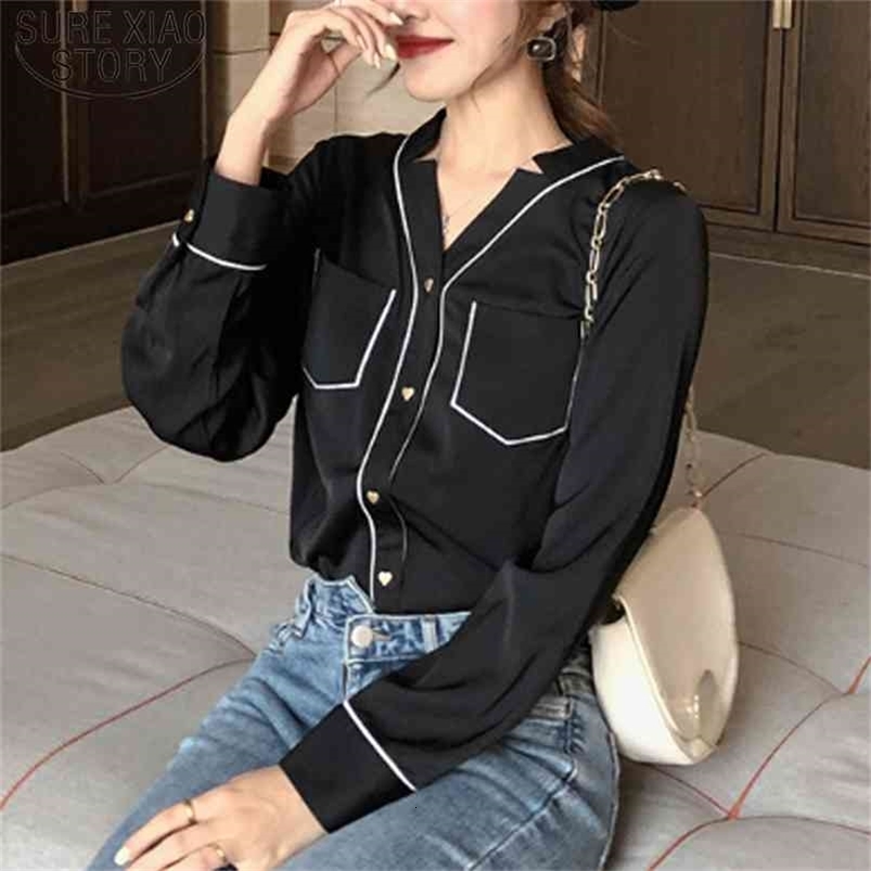 Sexy V-neck White Black Long Sleeve Chiffon Blouse Arrival Womens Tops and Blouses Elegant Pocket 7956 50 210506