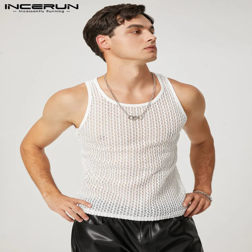 INCERUN Men Tank Tops Hollow Out See Through Solid Color Oneck Sleeveless Vests Streetwear Party Nightclub Sexy 7 240415