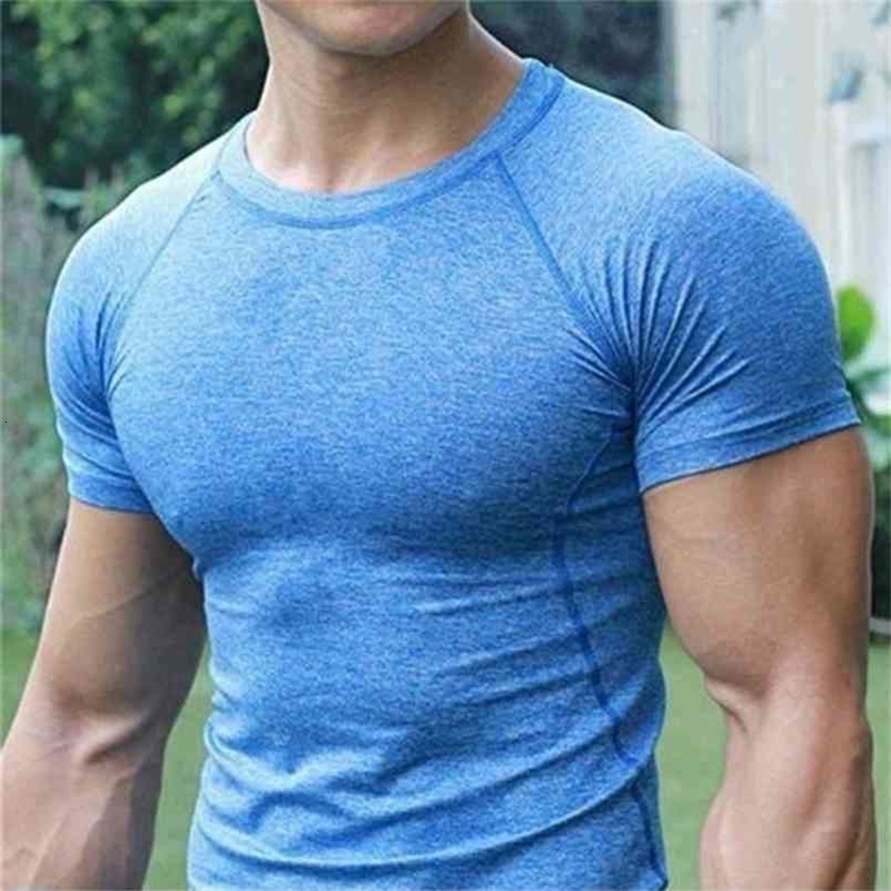 Mens Quick Dry Fitness Tees Outdoor SPORT Running Climbing Short Sleeves Solid Color Shirt Tights Bodybuilding Tops Men Under Sk 210707