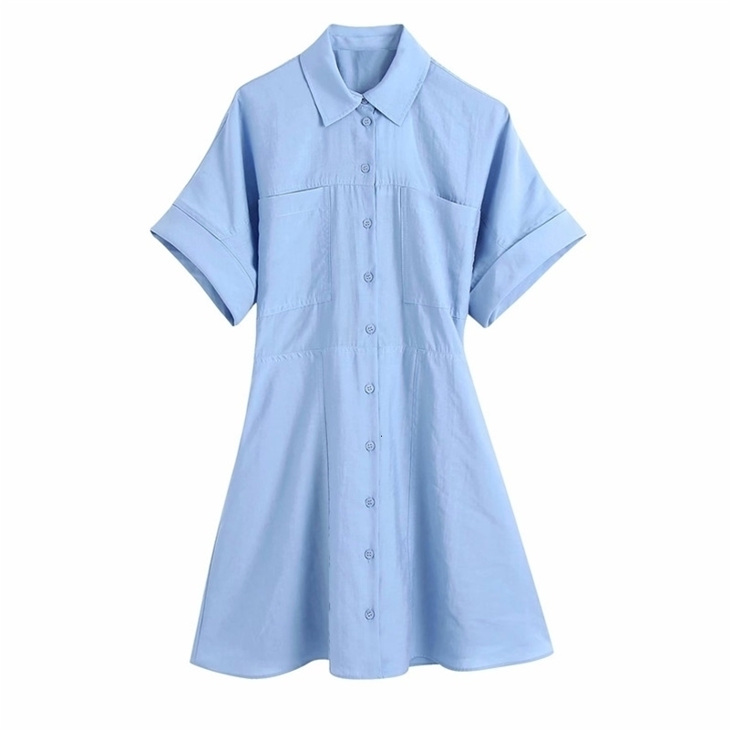 PUWD Sweet Women Turn-down Collar Dress Summer Fashion Ladies College Style Solid Color Female Shirt Mini 210522