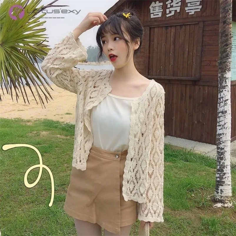 Sleeved knitted air-conditioned cardigan women summer wear loose shawl with mesh hole hollow top sun protection jacket 240703