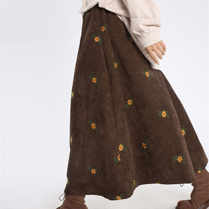 Casual Dresses Korean Style High Waist Corduroy Embroidery Long Skirt Women Autumn Winter Loose Floral A-line Skirt Casual Retro Skirt Elegant 23022