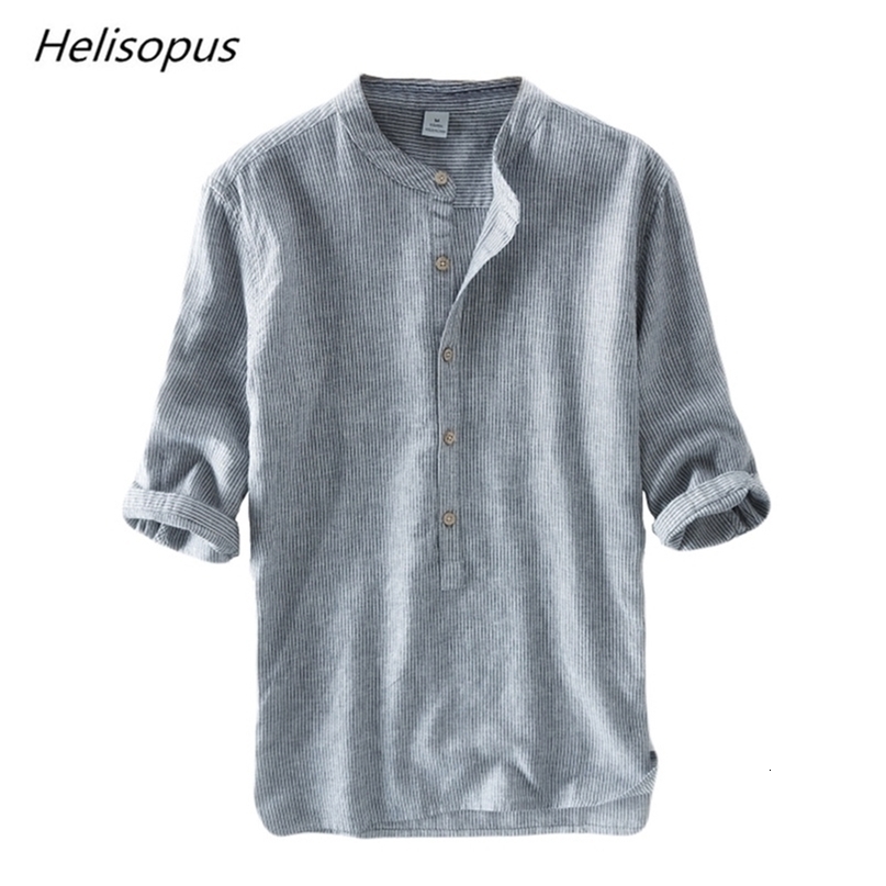 Helisopus New Summer Men's Half Sleeve Striped Linen Cotton Shirt Men Casual Button Shirts Camisa Masculina