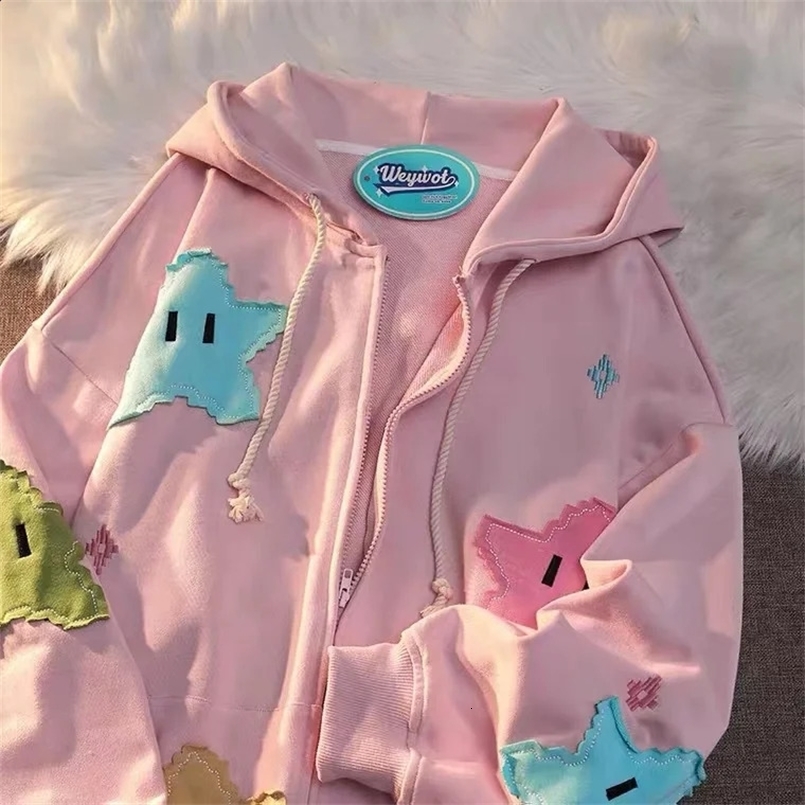 Korean Casual Gothic Oversized Cartoon Patchwork Zip Hoodie Y2k American Streetwear Loose Vintage Clothes Tops Harajuku Jacket 240801