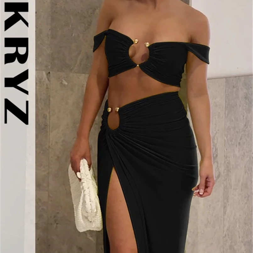 Ladies Summer Dress 2 Pieces Sets Sleeveless Backless Crop Top Side Slit Maxi Skirt Set For Women Fashion Evening Party Clubwear 240829