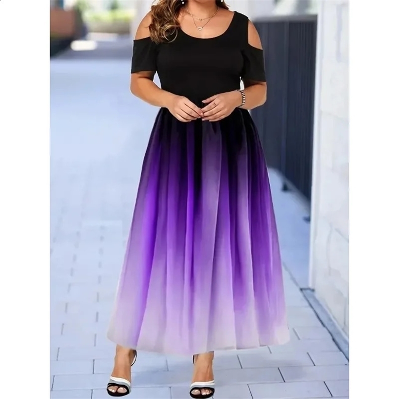 Women Plus Size 1XL-8XL Dress Gradient Print Off Shoulder Dress Tight Top and Loose Bottom Elegant Short Sleeve Long Ball Dress 240813