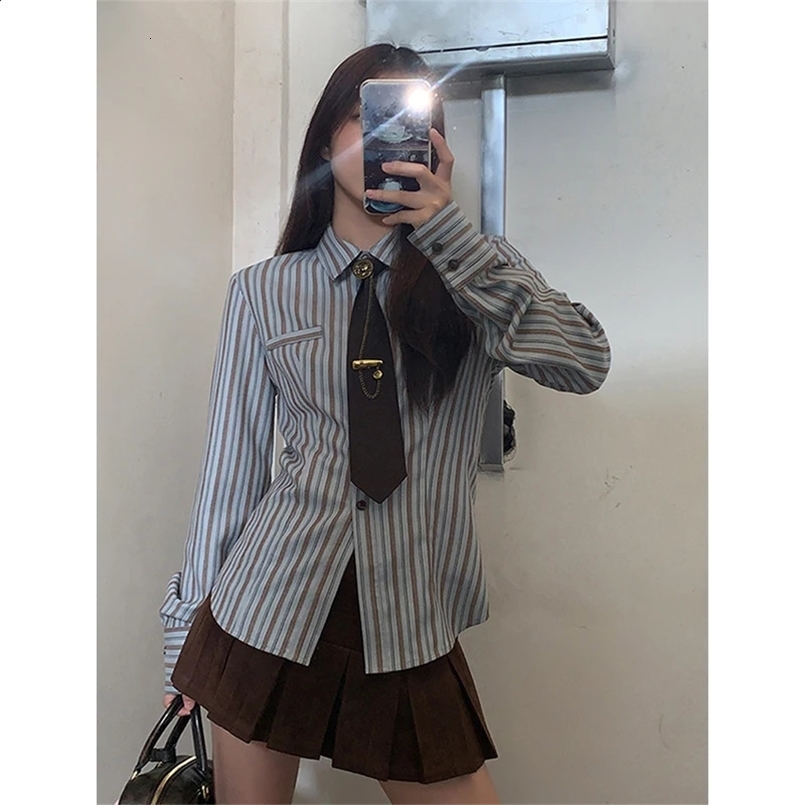 MEXZT Y2K Harajuku Striped Shirts Women Vintage Streetwear Tie Long Sleeve Blouses Korean Preppy Slim All Match Tops Spring 240731