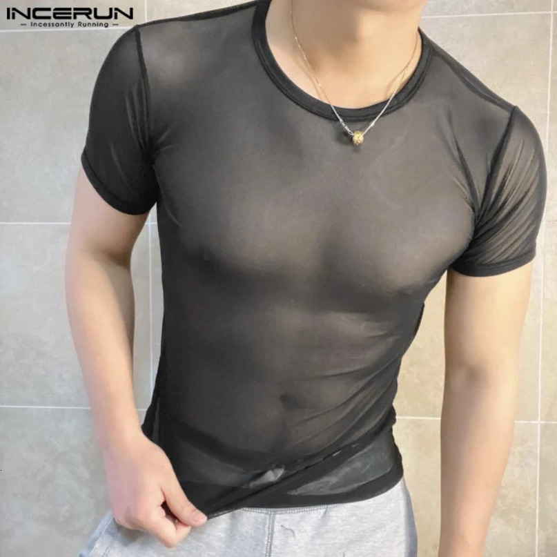 Men T Shirts Mesh Transparent Oneck Short Sleeve Streetwear Clothing Solid Color Sexy Fashion Camisetas S3XL INCERUN 240531
