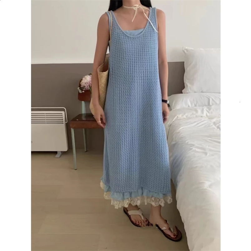 Women Summer Korean Loose Simplicity Hollow Out Knitting Solid Color Slip Dress Ladies Casual Vacation All-match Thin Long Dress 240802