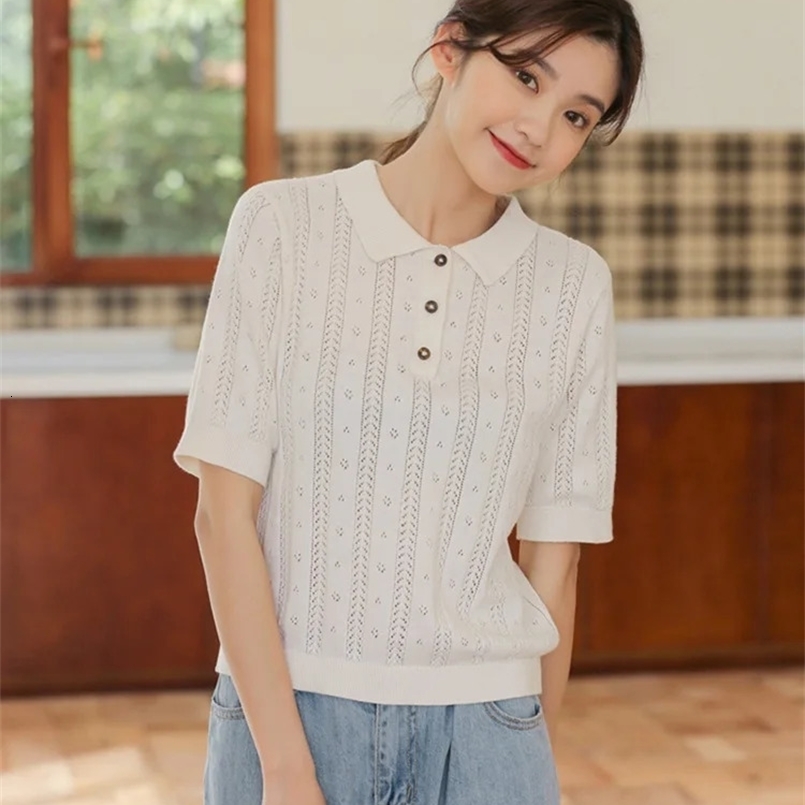 Summer Fashion 100% Cotton Women Hollow-out Sweater T-shirt Short-sleeve Polo Collar Pullover Tees Korea Casual Knitted Tops 240805