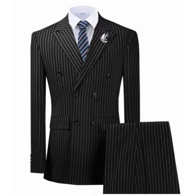 High quality mens ultra-thin striped suit 2-piece jacket pants set double chest ultra-thin fit casual and business suit 241111