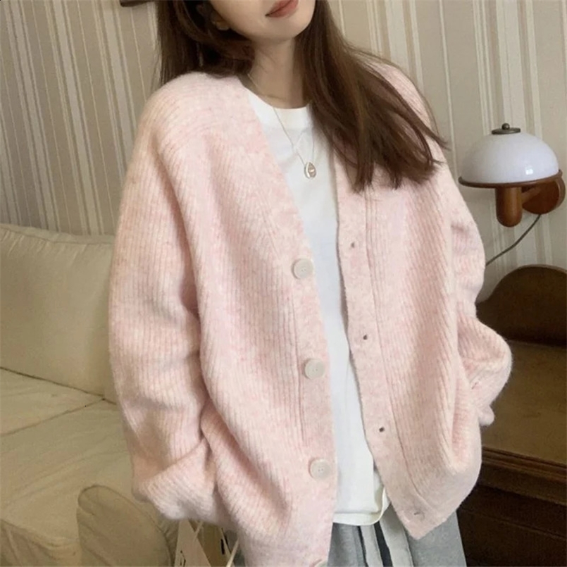 Rimocy Autumn Winter Knitting Pink Cardigan Women Korean Fashion Long Sleeve V Neck Cardigans Woman Button Up Sweater Coat Mujer 240830