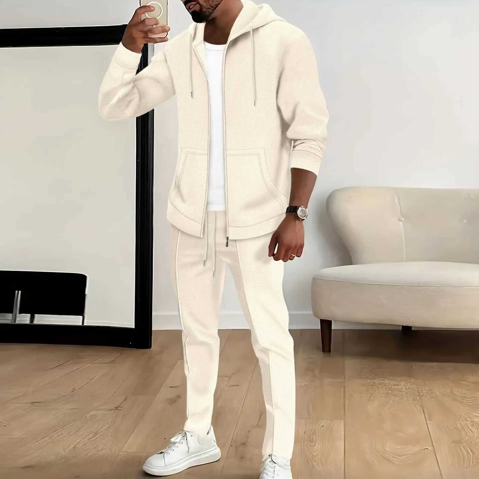 Mens Waffle Check Hooded Set Fashionable Zipper Hoodie Elastic Waist Long Pants 2PCS Comfortable Breathable Sporty Casual OutfiXJ250924