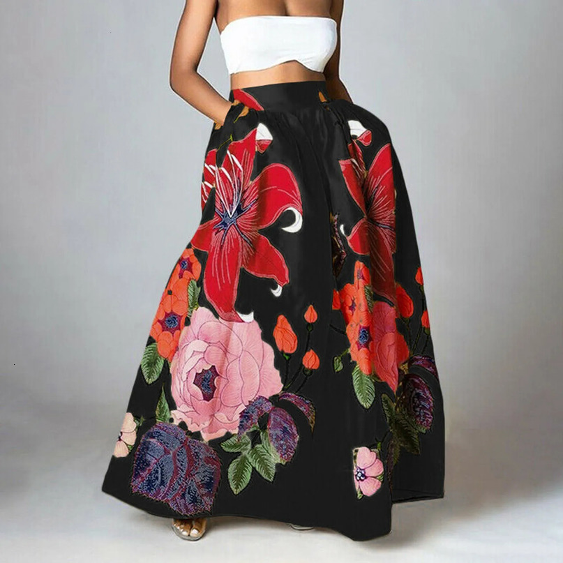 Celmia Stylish Big Flower Printed Women Skirts Elegant High Waist Aline Long Maxi Skirt Casual Loose Party Holiday 240403