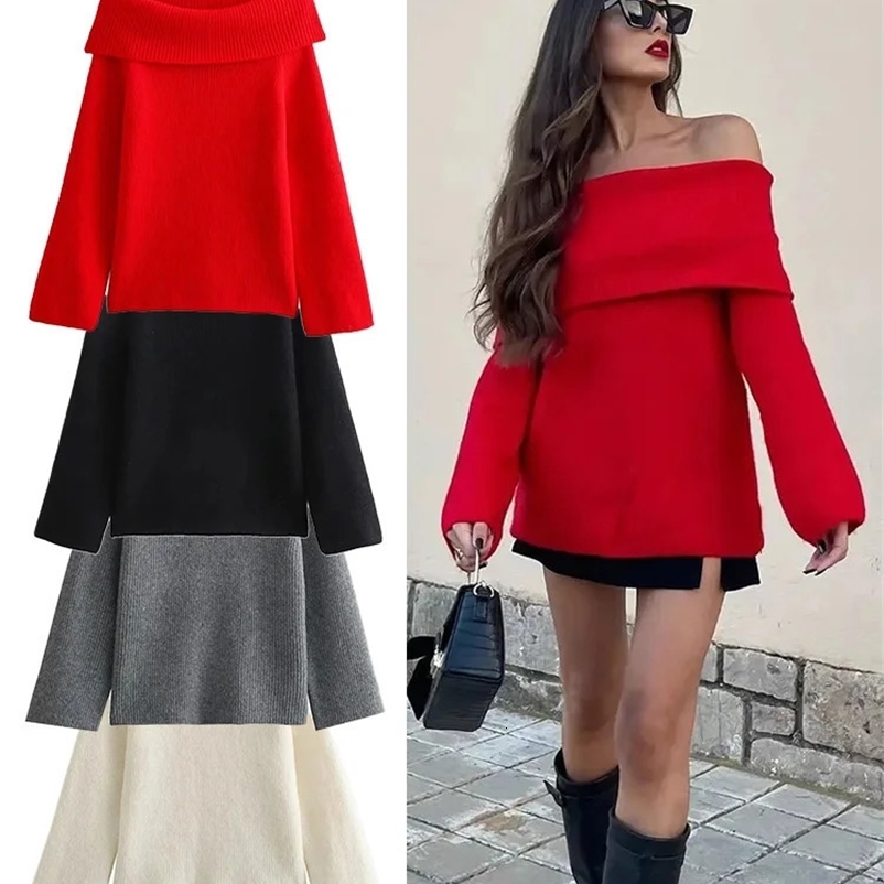 Womens Fashion Off Shoulder Sweater Casual Long Sleeve Solid Slimming Slim Fit Lanhua Autumn Womens Sexy Folding Knitted Top TRAF 240927
