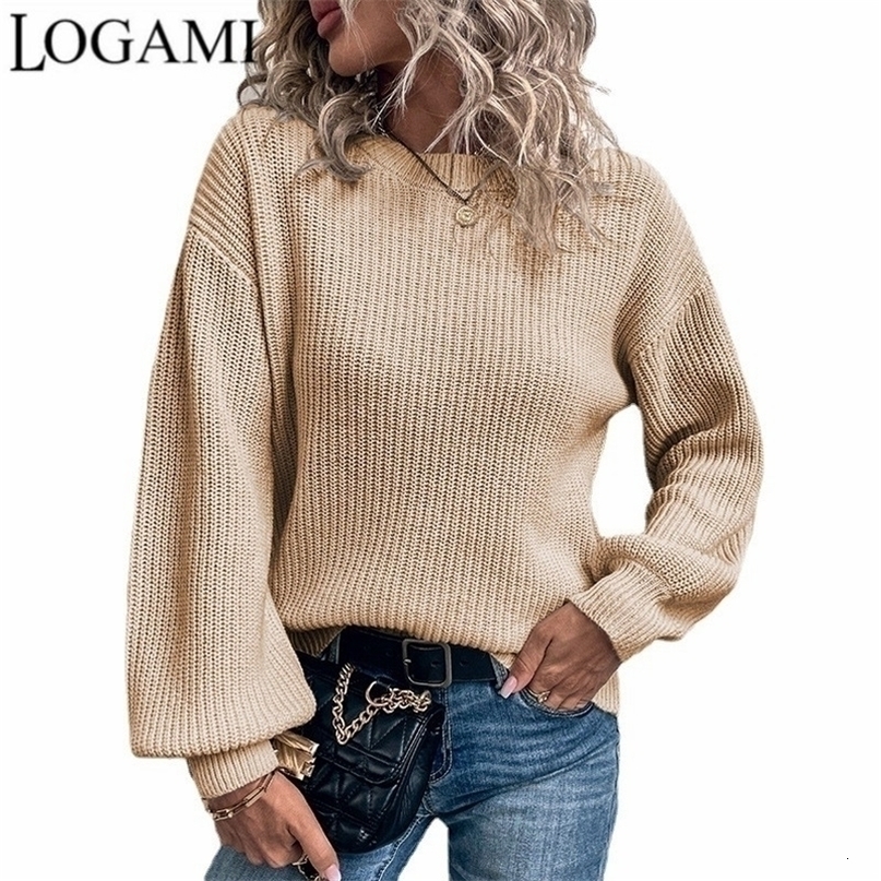 Womens Sweaters LOGAMI Autumn Winter Round Neck Pullover Women Lantern Sleeve Sweater Woman Knitwear 220923