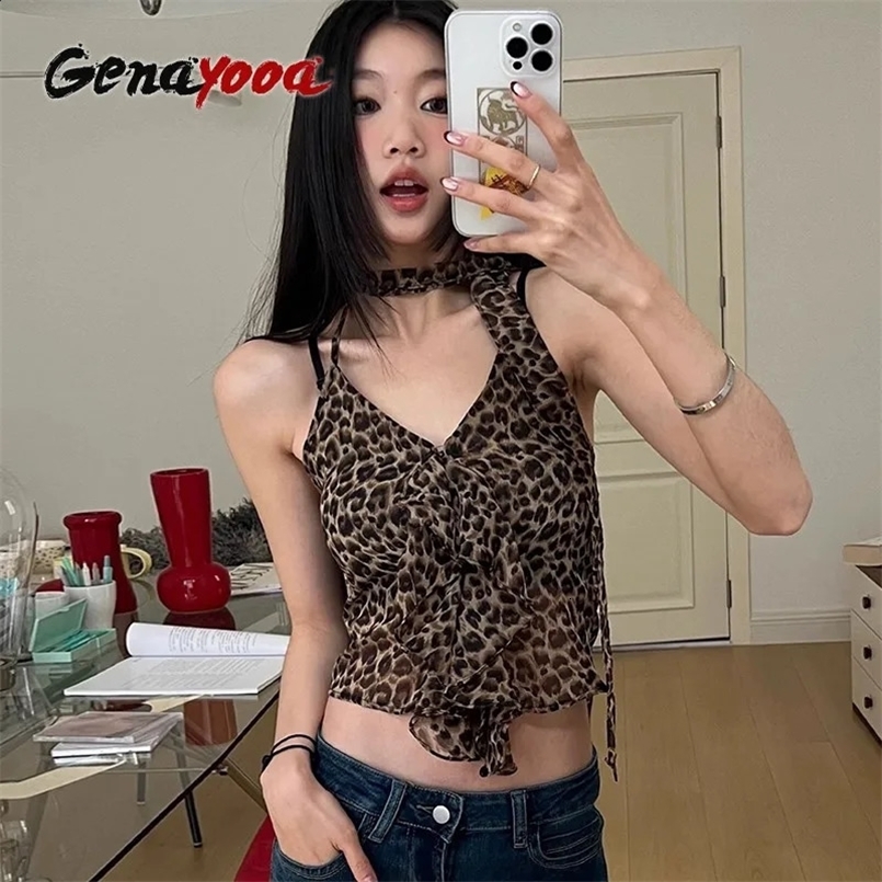 Genayooa Sexy Leopard Print Tank Tops Women Sleevelss Y2k Chiffon Halter Tops Blackless Crop Tops Streetwear Party Wear Summer 240805