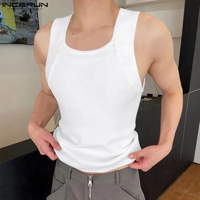 INCERUN Men Tank Tops Solid Color Oneck Sleeveless Skinny Summer Male Vests Streetwear Fashion Casual Clothing S5XL 240415