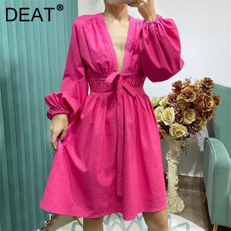 DEAT Women Dress V-Neck Long Lantern Sleeve Arrivals Lady Sexy Fashion Temperament Spring Autumn 11D1871 210709