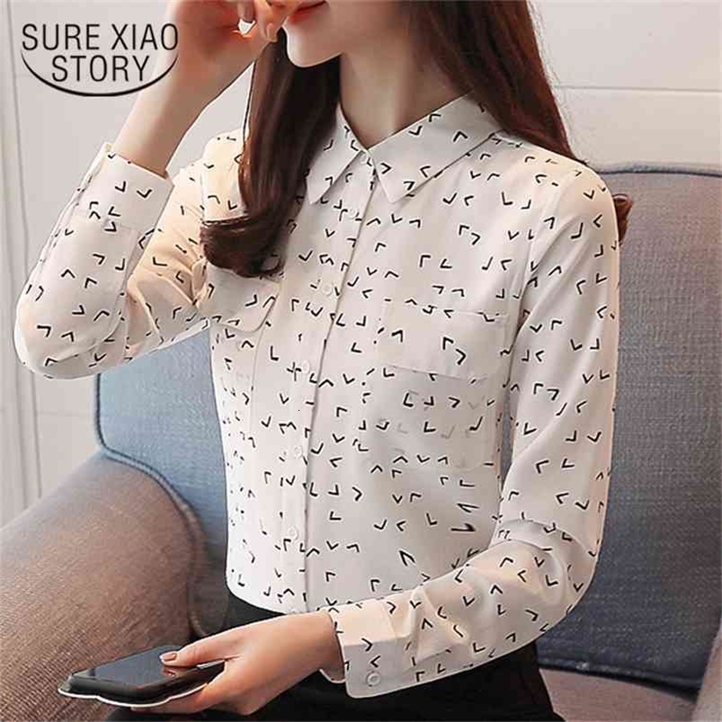 spring long sleeved blouses casual fashion print button white women clothing OL tops chiffon shirts D513 30 210506