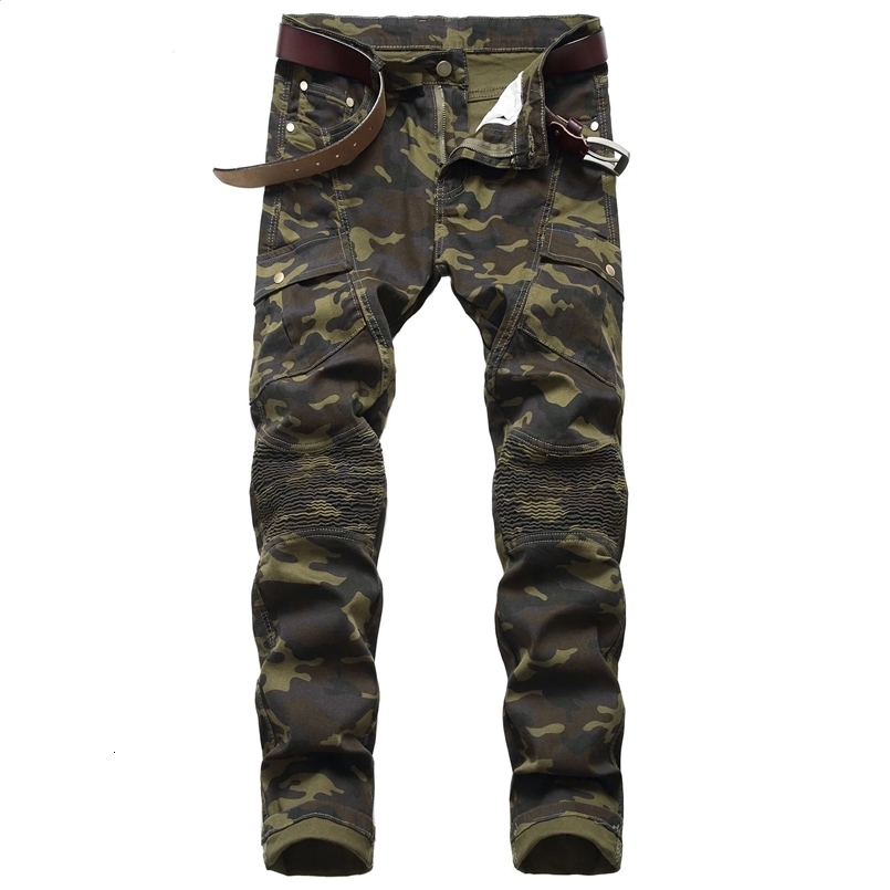 Mens Stretch Camouflage Biker Jeans High Quality Casual Denim Cargo Pants Men Slim-fit Multi-pocket Jogging Trousers 240823