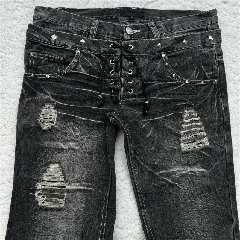 Retro Double Waist Lace Micro Flash Womens Pants Street Jeans Y2K Washed High Quality Mens Jeans 250422