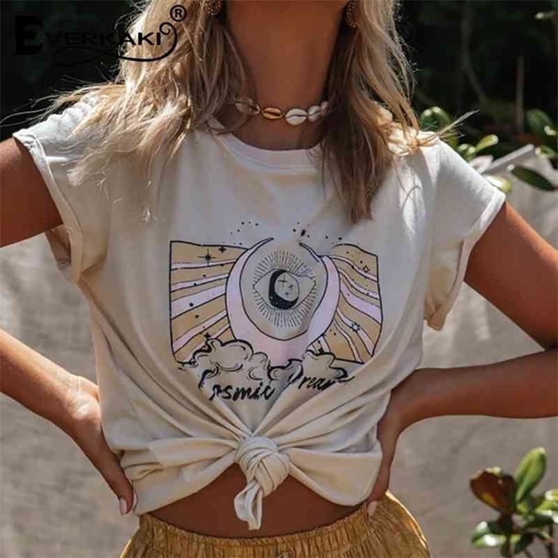 Everkaki Tshirt Top Women Boho Print Retro Summer Tees Gypsy Ladies Vintage Tops Tshirts Casual Female Spring New 210322