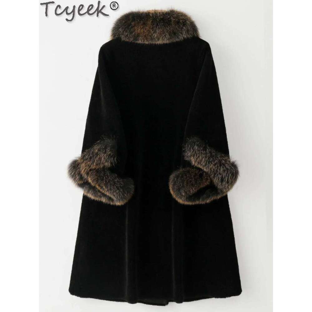 Tcyeek High-End Sheep Shearling Coats 100% Wool Coat Winter Jackets For Women Mid-Length Women's Jacket Real Fox Fur Collar