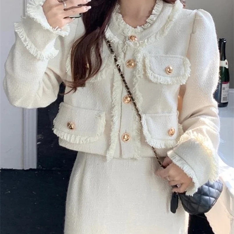 Spring Casual Tow Piece Sets Women White Short Tweed Jacket Fashion Korean Long Skirt Female Elegant Chic Slim Sweet Suit 240828