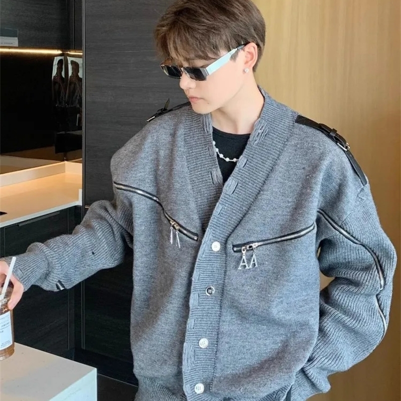 Mens knitted open top jacket with loose fit suitable for the autumn single chest sweater jacket long sleeved V-neck casual mens knitted jacket 24112