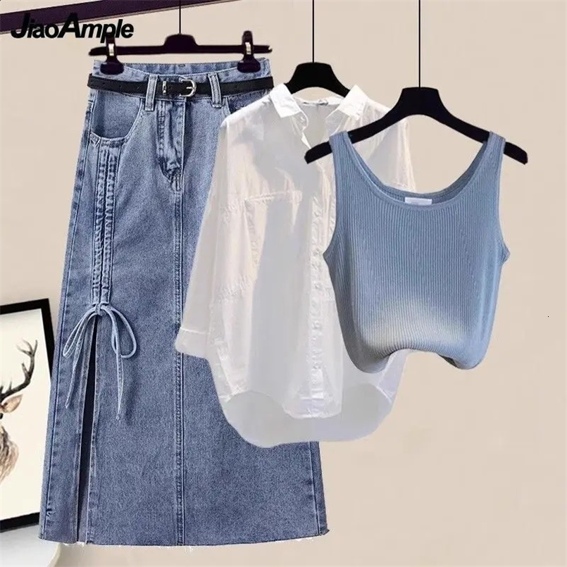 Womens Summer Dress Matching Set Korean Elegant White Sunscreen ShirtKnit VestSexy Split Denim Skirt Suit Female Clothing 240829