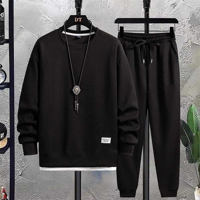 Mens Waffle Casual Suit O-neck Long Sleeve T-Shirt Sweatpants Autumn Trend Tracksuit Fashion Sports Two Piece Set 241217
