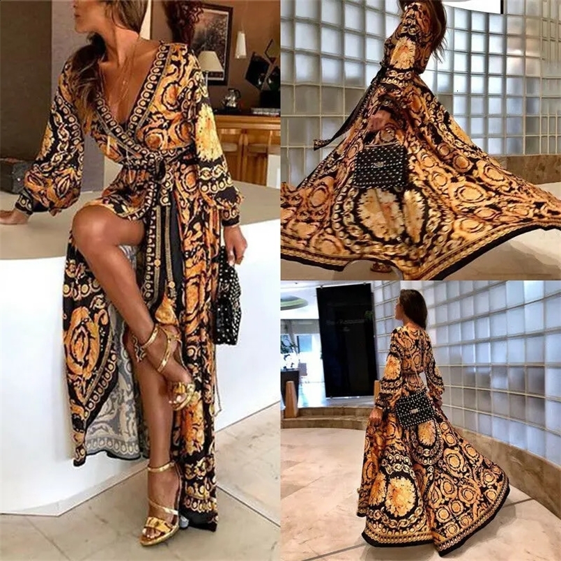 Ladies Women Elegant Sexy Long Sleeve Ethnic Style Boho Print V Neck High Waist Party Beach Holiday Casual Split Maxi Dress 250327