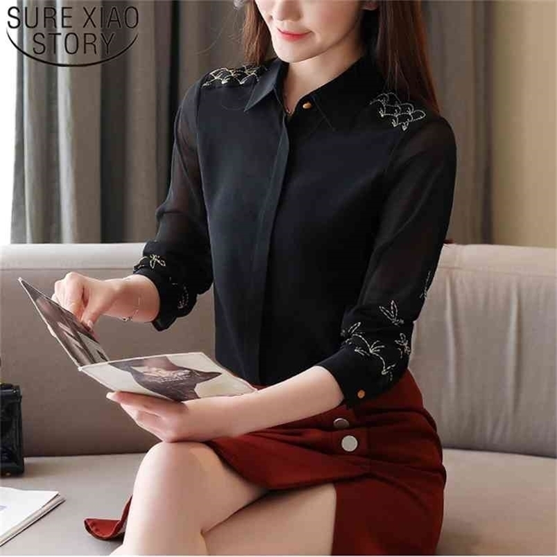 Elegant Floral Embroidery Bllouse Office Lady Shirt Cardigan Spring Fashion Women Blouse Black Silk Long Sleeve Tops 8524 210506
