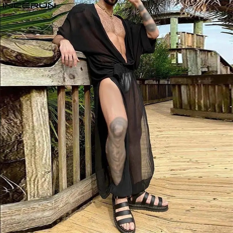 INCERUN Men Sets Solid Transparent Loose V Neck Short Sleeve Shirt Split Pants 2PCS Streetwear Sexy Fashion Mens Suits 240529