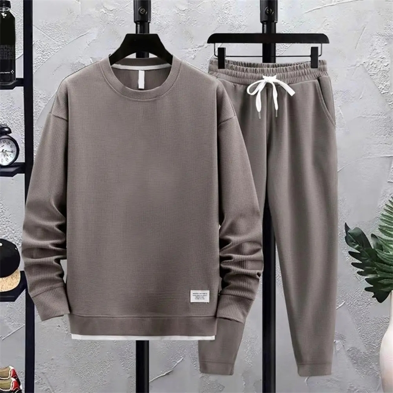 Sports Hooded Men Tracksuit Crew Neck Solid Color Men Sweatshirt Pants Set Elastic Waist Drawstring Ankle-banded Jogging Suit 241217