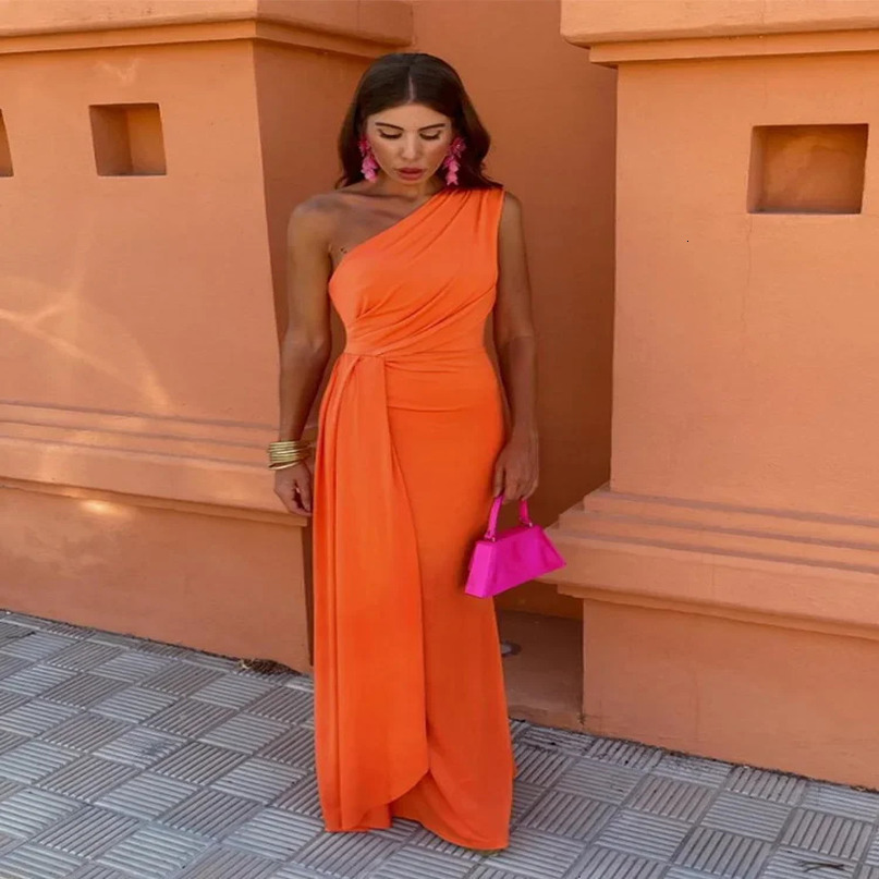 Sexy Solid One Shoulder Pleated Slim Long Dress Women Chic Sleeveless Backless Party Dresses Summer Lady Street Vestidos 240615