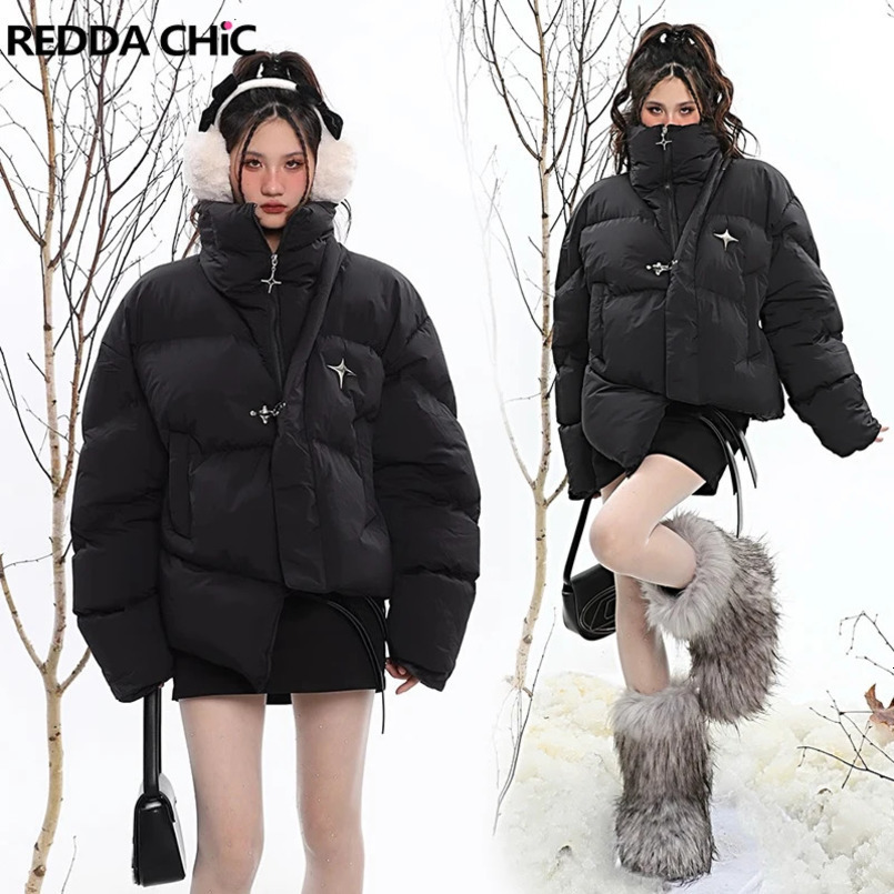 Reddachic Star Y2k Asymmetric Down Jacket Womens Black Turtle Neck Puff Cutting Quilted Coat Solid Leisure Park Winter Coat 241202