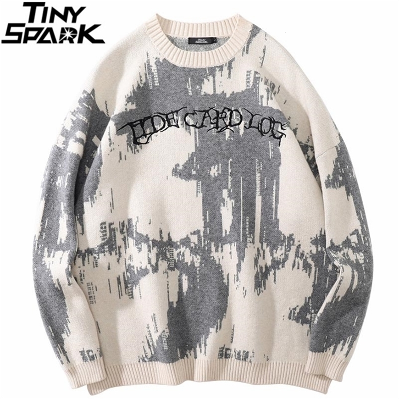 Men's Sweaters Men Hip Hop Streetwear Knitted Sweater Pullover Embroidery Sweater Autumn Harajuku Cotton Casual Pullover Black White 220928