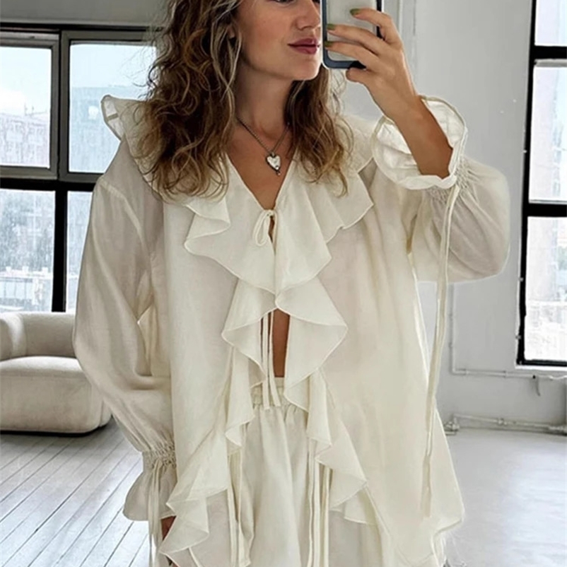 Elegant Ruffles Shirts Short Pants Sets Women See Through Hollow Out Lace up 2PCS Sets Female Spring Fashion Outfits 250317