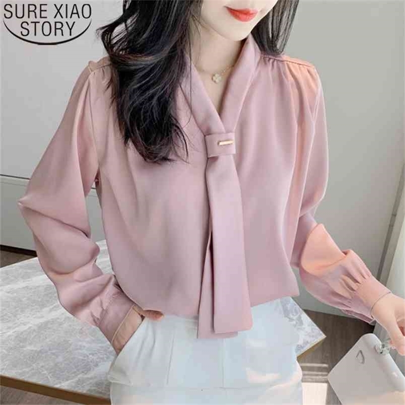 Autumn Chiffon Shirt OL Style Office Lady Long Sleeve Women Satin Loose V-neck Womens Tops and Blouses Clothes 10842 210506