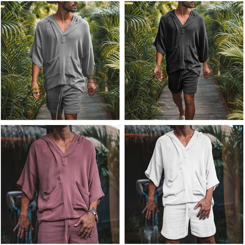 Mens Tracksuits Fashionable TwoPiece Set Casual Cotton Linen Solid Color Loose Suit Summer Half Sleeve V Neck TShirt and Shorts for Men 230724