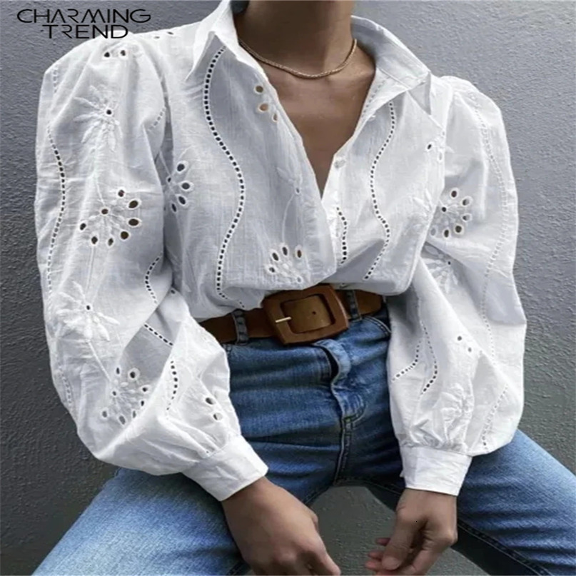 Charmingtrend Blouse Women Long Sleeve Hollow Out Shirt Fashion Elegant Embroidery Tops Female Casual Office Lady 240226